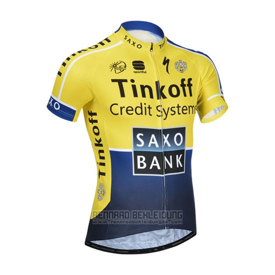 2014 Fahrradbekleidung Tinkoff Saxo Bank Blau und Gelb Trikot Kurzarm und Tragerhose